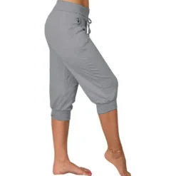 Women's Yoga Pants Drawstring Cropped with Pockets Tummy Control High Waist Yoga Gym Workout Running Capri Pants Bottoms Dark Grey Navy Apricot Cotton Linen Fall Sports Activewear High Elasticity