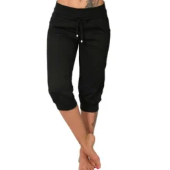 Women's Yoga Pants Drawstring Cropped with Pockets Tummy Control High Waist Yoga Gym Workout Running Capri Pants Bottoms Dark Grey Navy Apricot Cotton Linen Fall Sports Activewear High Elasticity