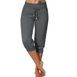 Women's Yoga Pants Drawstring Cropped with Pockets Tummy Control High Waist Yoga Gym Workout Running Capri Pants Bottoms Dark Grey Navy Apricot Cotton Linen Fall Sports Activewear High Elasticity