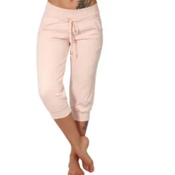 Women's Yoga Pants Drawstring Cropped with Pockets Tummy Control High Waist Yoga Gym Workout Running Capri Pants Bottoms Dark Grey Navy Apricot Cotton Linen Fall Sports Activewear High Elasticity