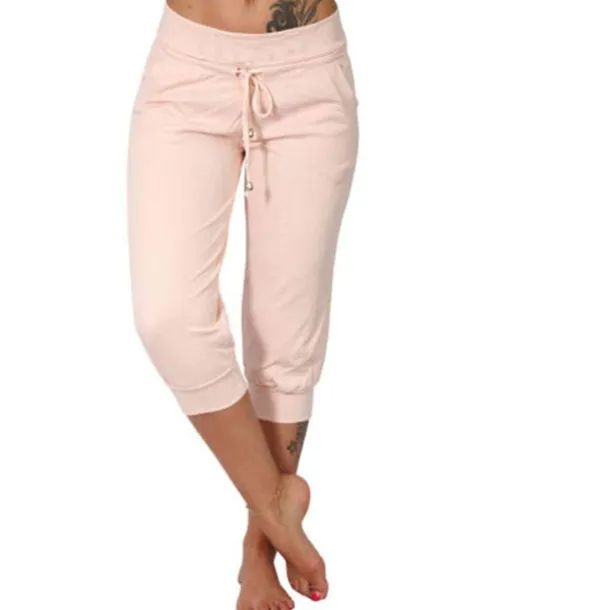 Women's Yoga Pants Drawstring Cropped with Pockets Tummy Control High Waist Yoga Gym Workout Running Capri Pants Bottoms Dark Grey Navy Apricot Cotton Linen Fall Sports Activewear High Elasticity