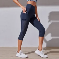 Women's Yoga Pants Side Pockets Tummy Control Butt Lift High Waist Yoga Fitness Gym Workout Capri Leggings Bottoms Black Pink Dark Navy Mesh Spandex Fall Sports Activewear Stretchy Skinny