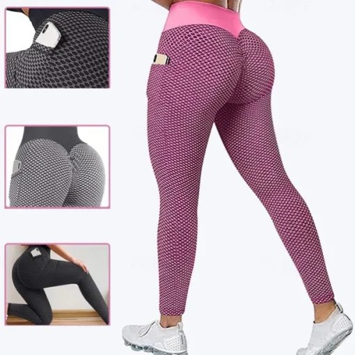 Women's Yoga Pants Yoga Leggings Pocket Elastic Waistband High Waist Yoga Gym Workout Pilates Tights Black Green Rose Red Sports Activewear Stretchy Slim