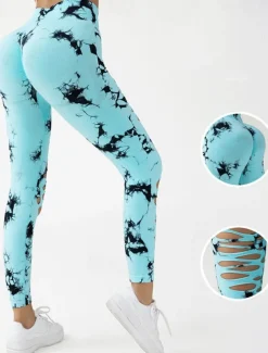 Women's Yoga Pants Yoga Leggings Cut Out High Waist Yoga Gym Workout Pilates Tights Tie Dye Blue Sky Blue Purple Fall Sports Activewear Stretchy Slim