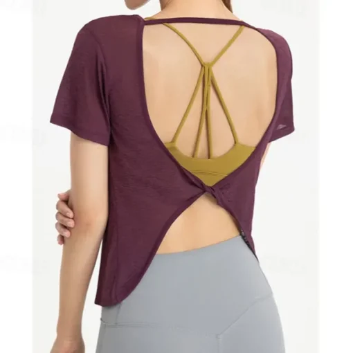 Women's Yoga Top Crew Neck Quick Dry Lightweight Breathable Backless Short Sleeve Sports Solid Color Tee Tshirt Top For Running Fitness Yoga Loose Fit Activewear