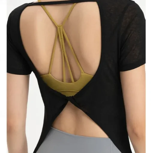 Women's Yoga Top Crew Neck Quick Dry Lightweight Breathable Backless Short Sleeve Sports Solid Color Tee Tshirt Top For Running Fitness Yoga Loose Fit Activewear