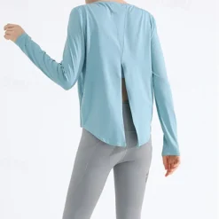 Women's Yoga Top Crew Neck Quick Dry Lightweight Breathable Split Long Sleeve Sports Solid Color Tee Tshirt Top For Running Fitness Yoga Loose Fit Activewear