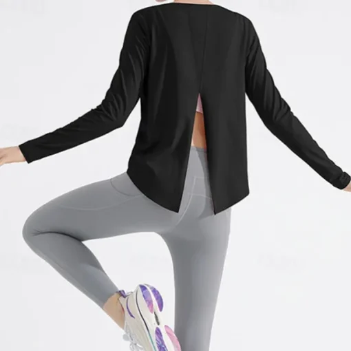 Women's Yoga Top Crew Neck Quick Dry Lightweight Breathable Split Long Sleeve Sports Solid Color Tee Tshirt Top For Running Fitness Yoga Loose Fit Activewear