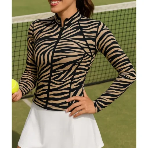 Women's Zebra Tennis Top Long Sleeve Zipper Printing Sweat-Wicking Moisture Wicking Breathable Tennis Golf Pickleball Standing Collar Black Khaki Tennis Clothing