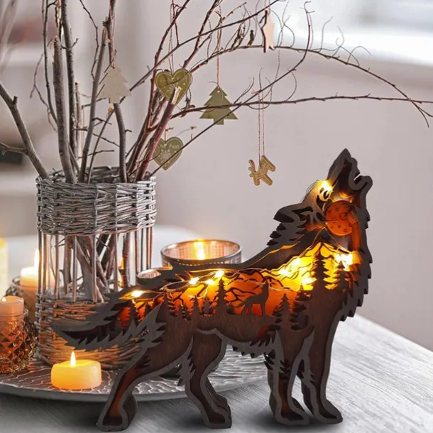 Wooden Animal Ornaments Led Light 3D Hollow Carving Home Room Decor Figurines Crafts Office Desk Bedroom Decoration Accessories