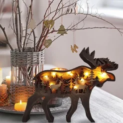 Wooden Animal Ornaments Led Light 3D Hollow Carving Home Room Decor Figurines Crafts Office Desk Bedroom Decoration Accessories