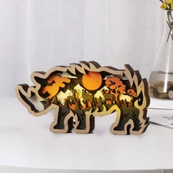 Wooden Animal Ornaments Led Light 3D Hollow Carving Home Room Decor Figurines Crafts Office Desk Bedroom Decoration Accessories