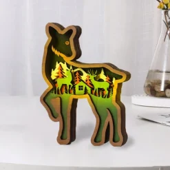 Wooden Animal Ornaments Led Light 3D Hollow Carving Home Room Decor Figurines Crafts Office Desk Bedroom Decoration Accessories