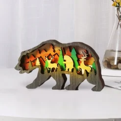 Wooden Animal Ornaments Led Light 3D Hollow Carving Home Room Decor Figurines Crafts Office Desk Bedroom Decoration Accessories