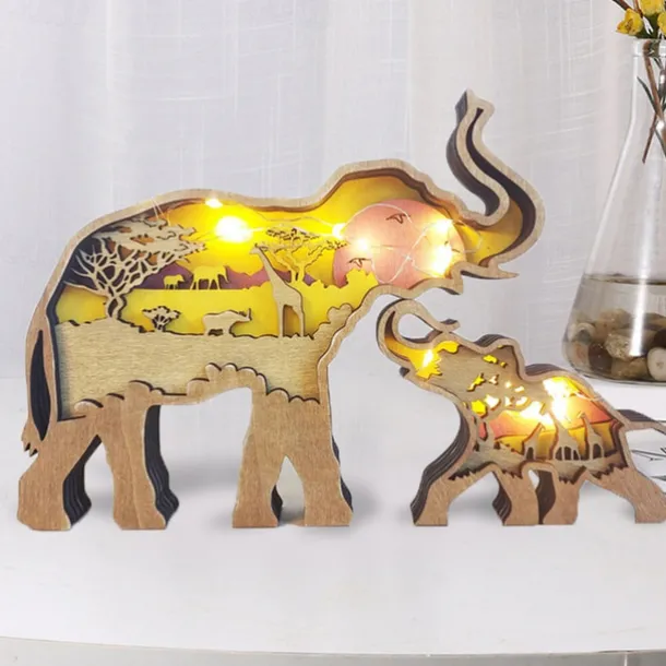 Wooden Animal Ornaments Led Light 3D Hollow Carving Home Room Decor Figurines Crafts Office Desk Bedroom Decoration Accessories