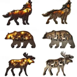 Wooden Animal Ornaments Led Light 3D Hollow Carving Home Room Decor Figurines Crafts Office Desk Bedroom Decoration Accessories