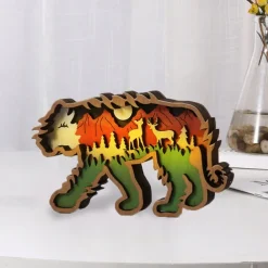 Wooden Animal Ornaments Led Light 3D Hollow Carving Home Room Decor Figurines Crafts Office Desk Bedroom Decoration Accessories