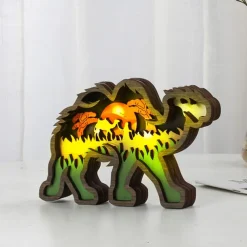 Wooden Animal Ornaments Led Light 3D Hollow Carving Home Room Decor Figurines Crafts Office Desk Bedroom Decoration Accessories