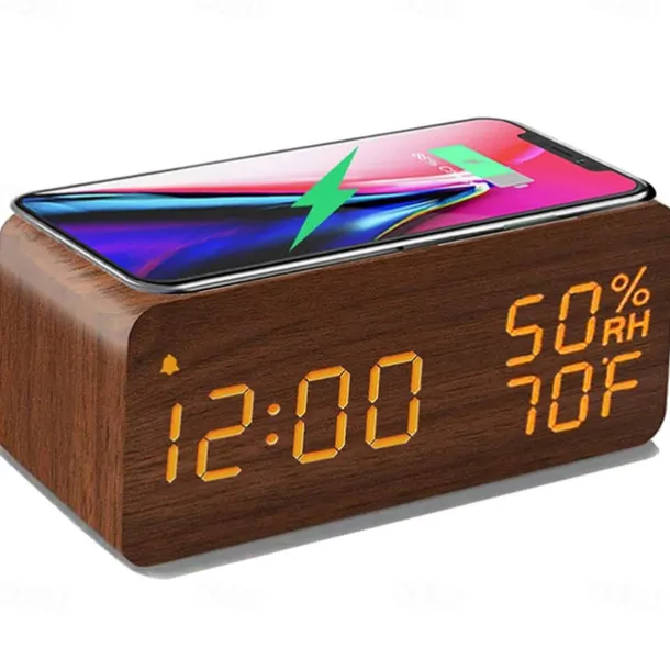 Wooden Digital Alarm Clock with Wireless Charging 3 Alarm Clock LED Displays Sound Control and Snooze for Bedroom Office