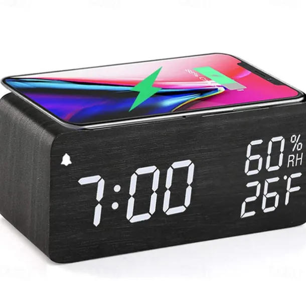 Wooden Digital Alarm Clock with Wireless Charging 3 Alarm Clock LED Displays Sound Control and Snooze for Bedroom Office
