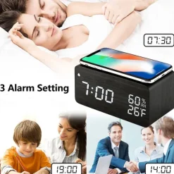 Wooden Digital Alarm Clock with Wireless Charging 3 Alarm Clock LED Displays Sound Control and Snooze for Bedroom Office