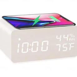 Wooden Digital Alarm Clock with Wireless Charging 3 Alarm Clock LED Displays Sound Control and Snooze for Bedroom Office