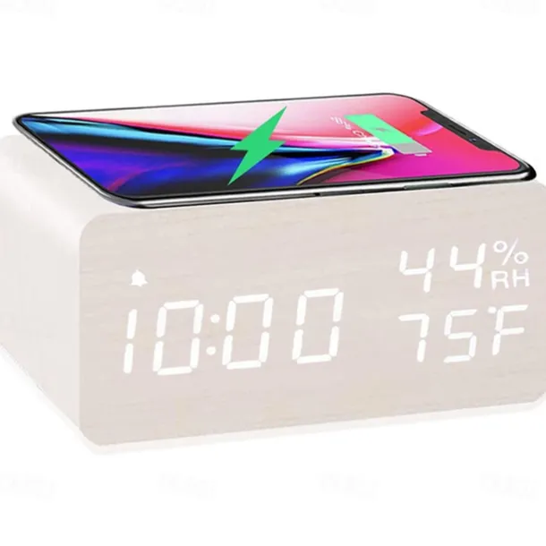 Wooden Digital Alarm Clock with Wireless Charging 3 Alarm Clock LED Displays Sound Control and Snooze for Bedroom Office