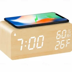 Wooden Digital Alarm Clock with Wireless Charging 3 Alarm Clock LED Displays Sound Control and Snooze for Bedroom Office