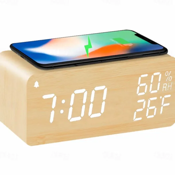 Wooden Digital Alarm Clock with Wireless Charging 3 Alarm Clock LED Displays Sound Control and Snooze for Bedroom Office