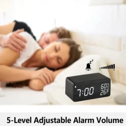 Wooden Digital Alarm Clock with Wireless Charging 3 Alarm Clock LED Displays Sound Control and Snooze for Bedroom Office