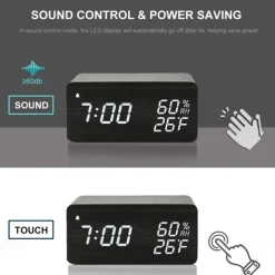 Wooden Digital Alarm Clock with Wireless Charging 3 Alarm Clock LED Displays Sound Control and Snooze for Bedroom Office