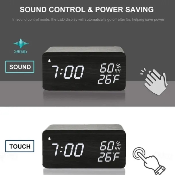 Wooden Digital Alarm Clock with Wireless Charging 3 Alarm Clock LED Displays Sound Control and Snooze for Bedroom Office