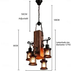Wooden Retro Chandelier Industrial Retro Chandelier Black Metal Bedroom Dining Room Suspension Lantern Frame with Glass Shade House Loft Bar Coffee Decoration Chandelier Accessories, E27