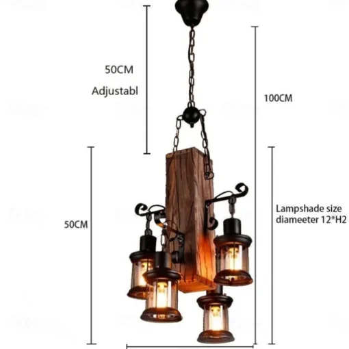 Wooden Retro Chandelier Industrial Retro Chandelier Black Metal Bedroom Dining Room Suspension Lantern Frame with Glass Shade House Loft Bar Coffee Decoration Chandelier Accessories, E27