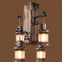 Wooden Retro Chandelier Industrial Retro Chandelier Black Metal Bedroom Dining Room Suspension Lantern Frame with Glass Shade House Loft Bar Coffee Decoration Chandelier Accessories, E27
