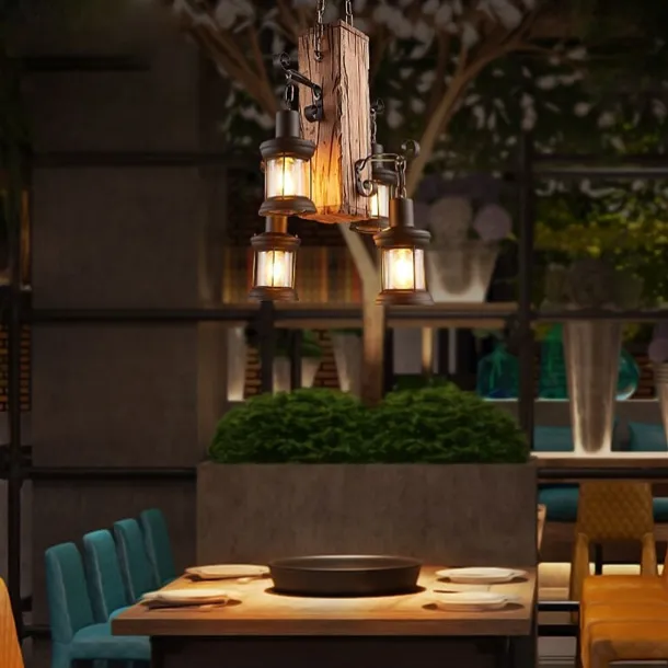 Wooden Retro Chandelier Industrial Retro Chandelier Black Metal Bedroom Dining Room Suspension Lantern Frame with Glass Shade House Loft Bar Coffee Decoration Chandelier Accessories, E27