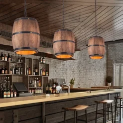 Wooden Wine Barrel Chandelier Bar Cafe Lights Vintage Rustic Wine Barrel Decor Hanging Light Kitchen Light Fixtures Pendant Lamp Barrel Shade Ceiling Light Farmhouse Pendant Light 110-240V