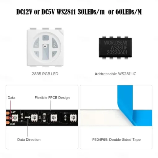 WS2812 RGBIC Addressable LED Strip Light Dream Color Strip Light 8.2FT/16.4FT 20Pixels/m Waterproof Black and White PCB Flexible DC12V Chase Effect Suitable for Indoor and Outdoor Activity Atmosphere Decoration