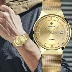 WWOOR Business Men Luxury Watches Mesh Strap Ultra Thin Quartz Men Wrsit Watch Waterproof Auto Date Male Clock