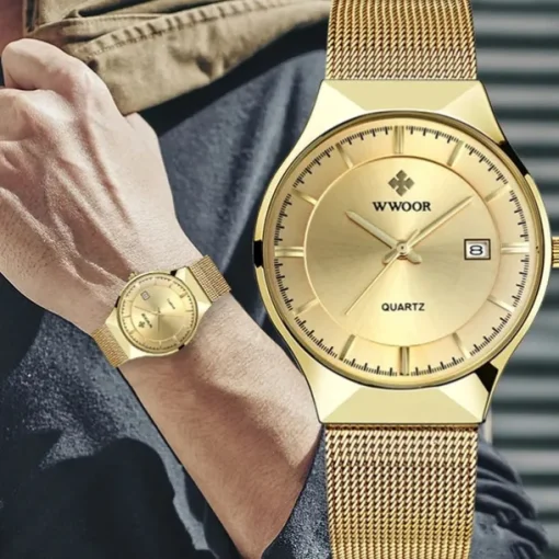WWOOR Business Men Luxury Watches Mesh Strap Ultra Thin Quartz Men Wrsit Watch Waterproof Auto Date Male Clock