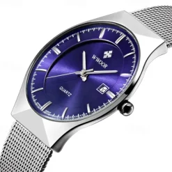 WWOOR Business Men Luxury Watches Mesh Strap Ultra Thin Quartz Men Wrsit Watch Waterproof Auto Date Male Clock