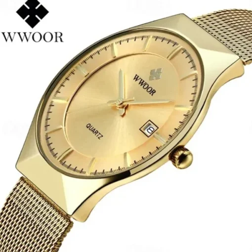 WWOOR Business Men Luxury Watches Mesh Strap Ultra Thin Quartz Men Wrsit Watch Waterproof Auto Date Male Clock