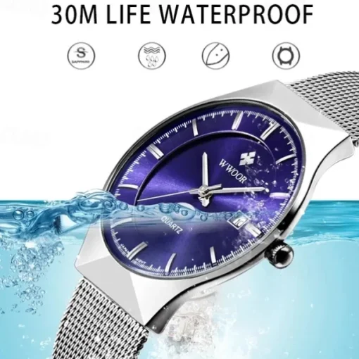 WWOOR Business Men Luxury Watches Mesh Strap Ultra Thin Quartz Men Wrsit Watch Waterproof Auto Date Male Clock