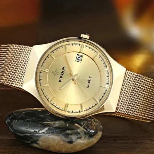 WWOOR Business Men Luxury Watches Mesh Strap Ultra Thin Quartz Men Wrsit Watch Waterproof Auto Date Male Clock