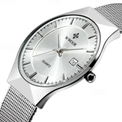 WWOOR Business Men Luxury Watches Mesh Strap Ultra Thin Quartz Men Wrsit Watch Waterproof Auto Date Male Clock