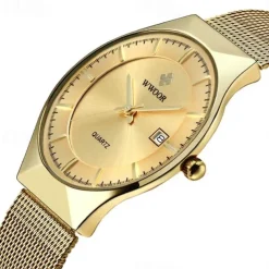 WWOOR Business Men Luxury Watches Mesh Strap Ultra Thin Quartz Men Wrsit Watch Waterproof Auto Date Male Clock