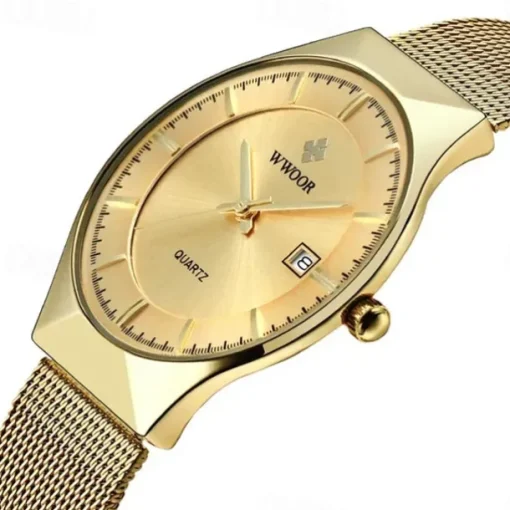 WWOOR Business Men Luxury Watches Mesh Strap Ultra Thin Quartz Men Wrsit Watch Waterproof Auto Date Male Clock