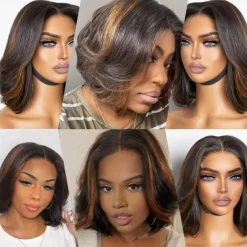 13x4 Bob Wig Human Hair Lace Front Wigs for Black Women Lace Brown Blonde Highlights Wigs Pre Plucked 200% Density Wigs Human Hair Loose Body Wave Short Bob Wig Brazilian