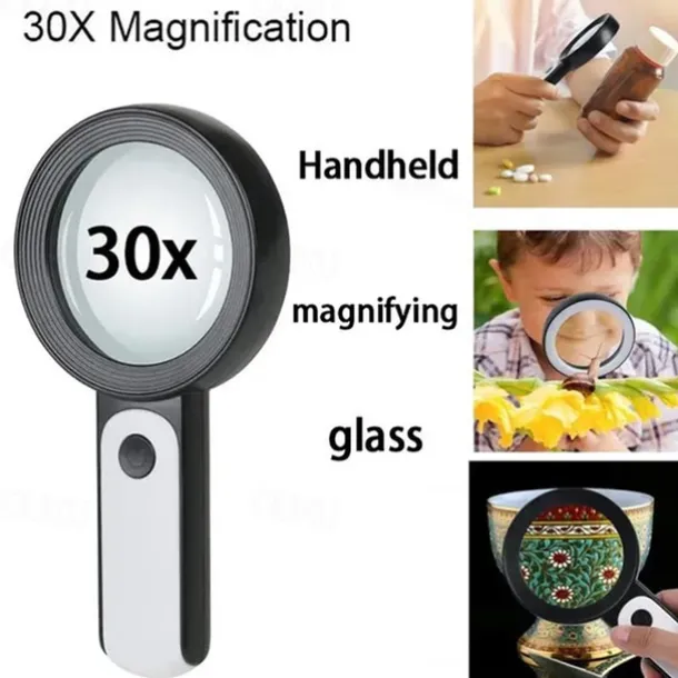 30X Handheld Reading Magnifying Glass Illuminated Magnifier Microscope Lens Jewelry Watch Loupe Magnifier With LED Light