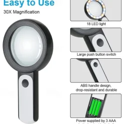 30X Handheld Reading Magnifying Glass Illuminated Magnifier Microscope Lens Jewelry Watch Loupe Magnifier With LED Light